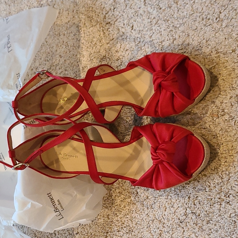 L.K. Bennett Angeline Red Satin Wedge Espadrilles - Picture 5 of 16